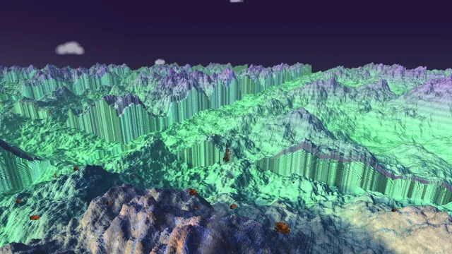 A teal and violet alien landscape of sheer ridges