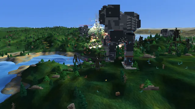 Giant robots and tanks fighting on a green ridge by a lake