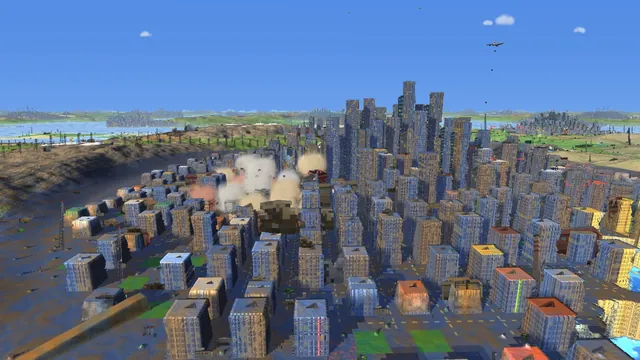 A dense city of block towers under a bombing run