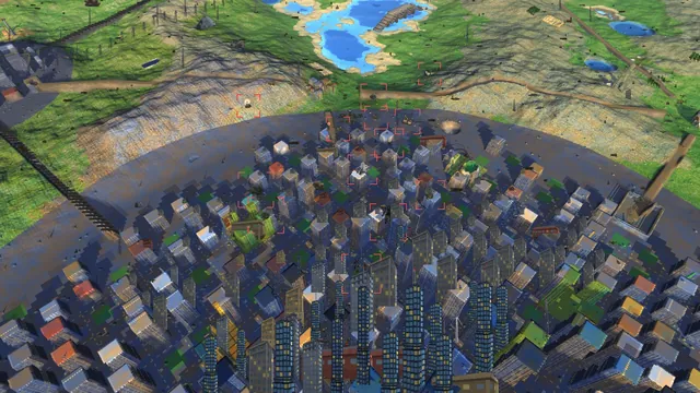 A walled city seen from high above with roads and lakes