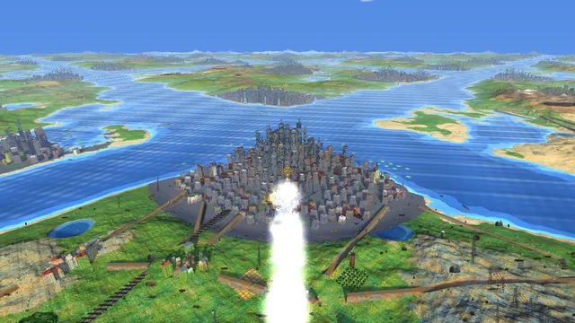 A bomb exploding over a dense city seen from high up