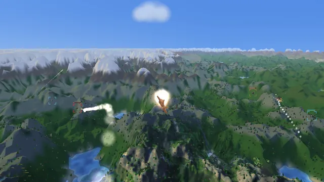 Missiles and a burning jet over mountains