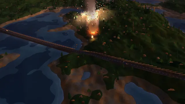 Anti-aircraft bursts over a railway at dusk