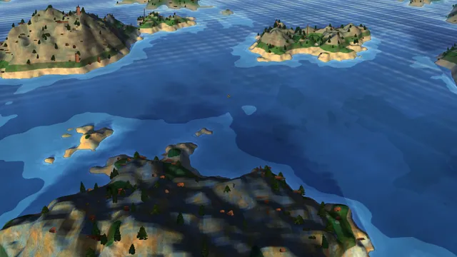 Green islands in a deep blue sea seen from high up