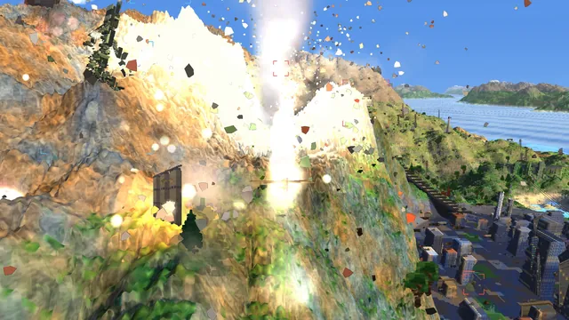 A large explosion throwing debris over jungle hills and a town