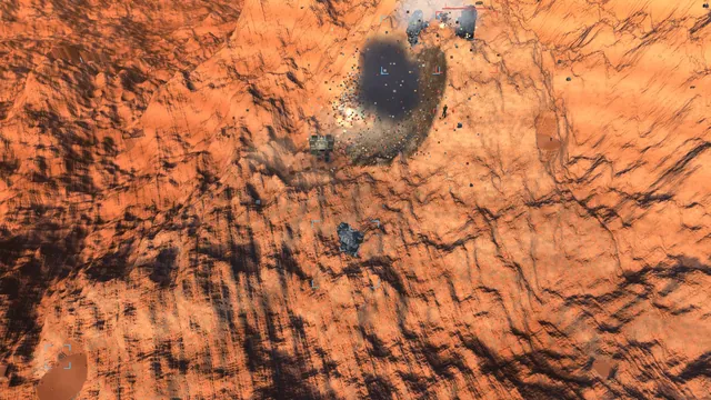 A smoking crater on red Martian ground