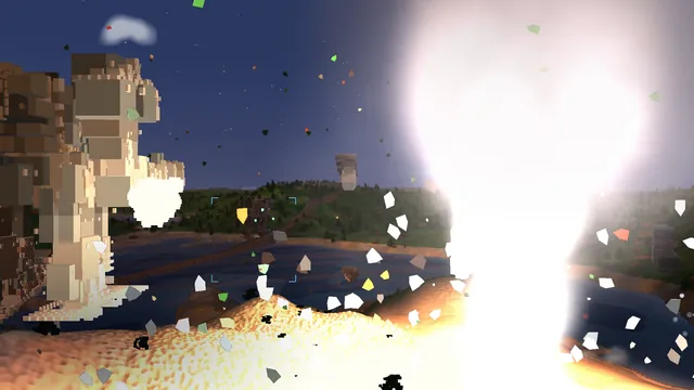 A giant robot at night lit by a huge explosion