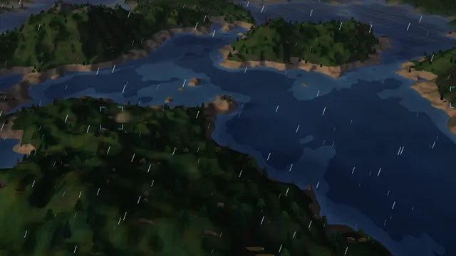 A helicopter over a lake in rain under a dark sky